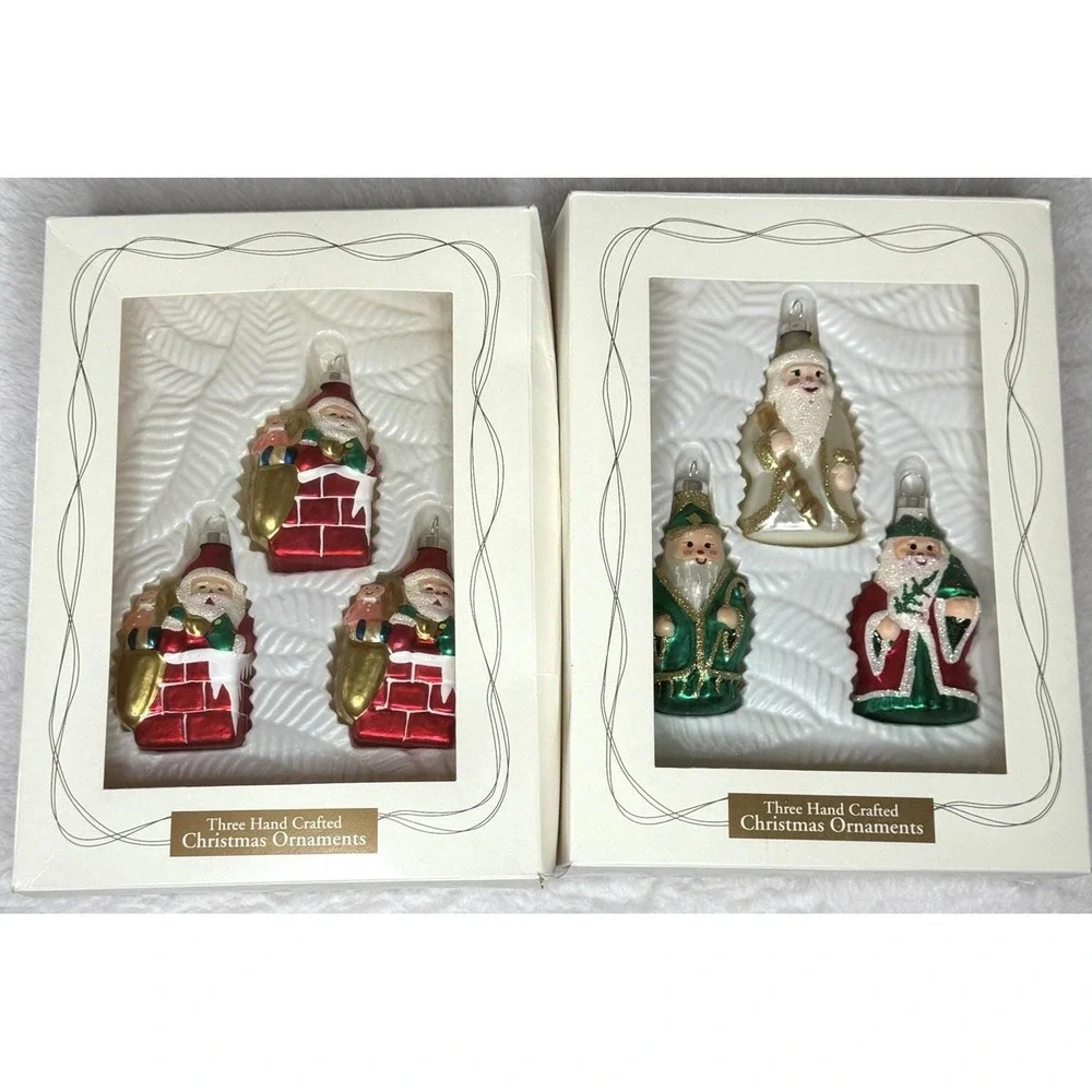6 Glass Christmas Ornaments Hand Crafted Blown Boxed Vintage 2001 Santa Wise Men